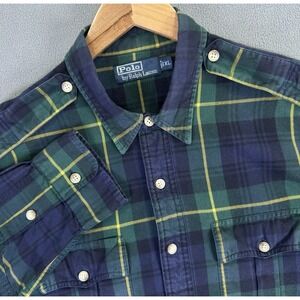Polo Ralph Lauren Shirt XL Blue Green Tartan Work Pockets Epaulet Safari 90s